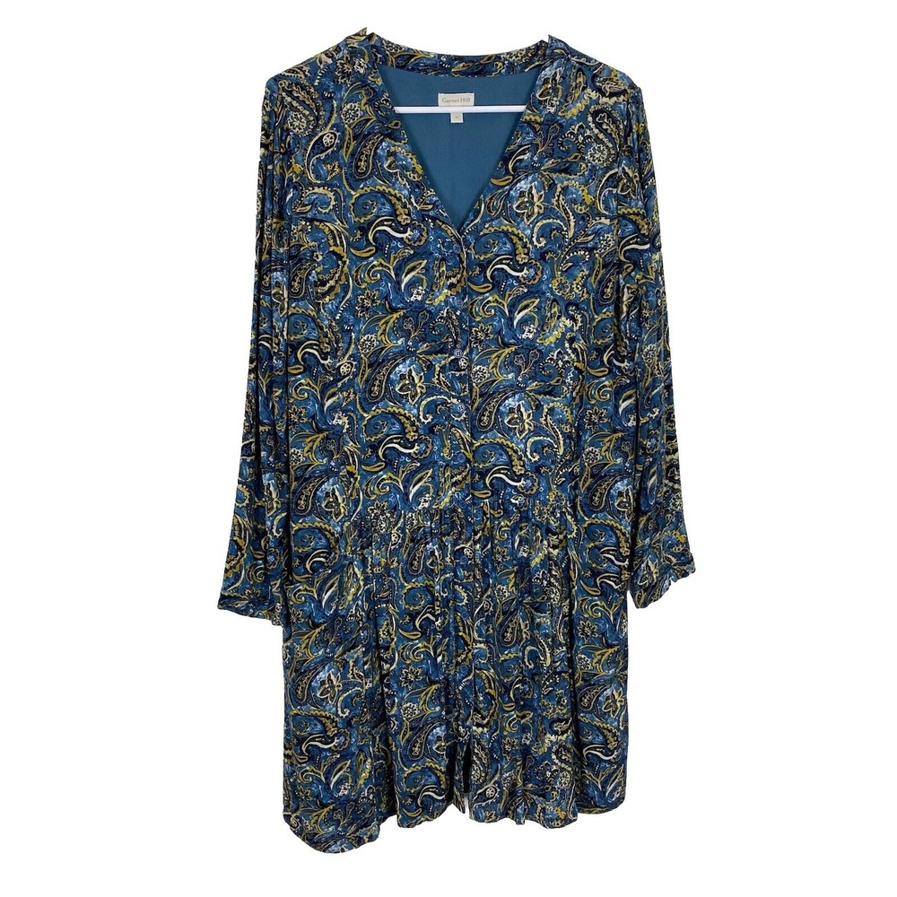 Garnet Hill Dress Womens Size 12 Blue Dropwaist Button-Up Paisley Quiet Luxury - Picture 2 of 16